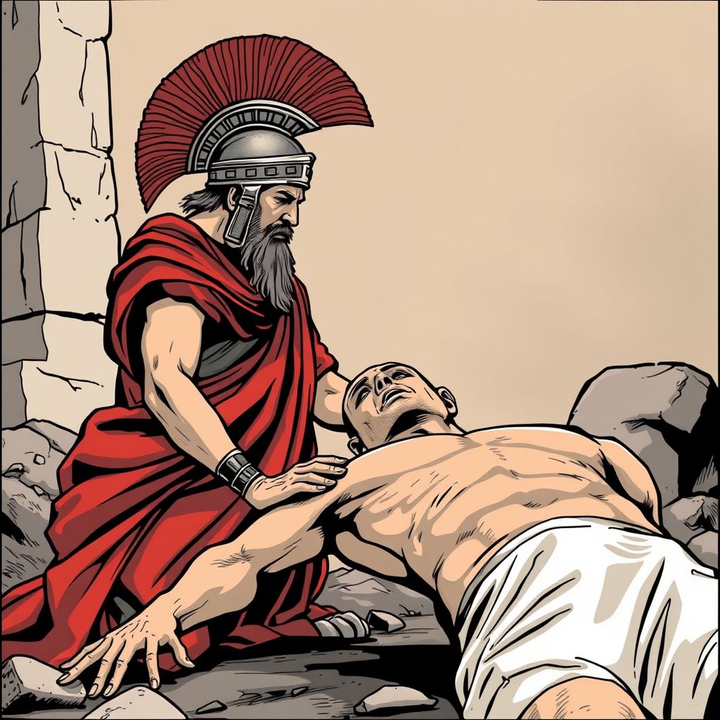 a roman faces a dead body comic style by Free AI Image Generator & Maker - No login required✨ | AIGAZOU