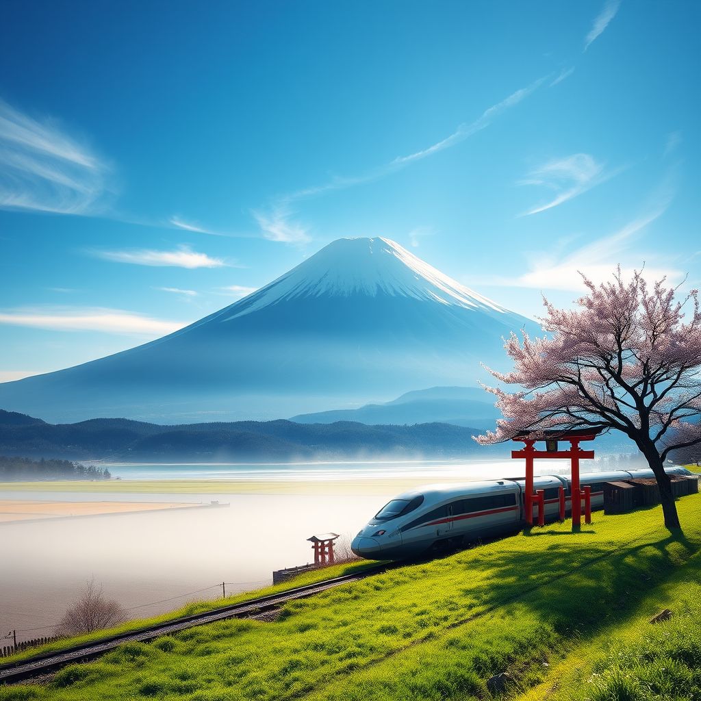 majestic mount fuji shinkansen train green fields by Free AI Image Generator & Maker - No login required✨ | AIGAZOU
