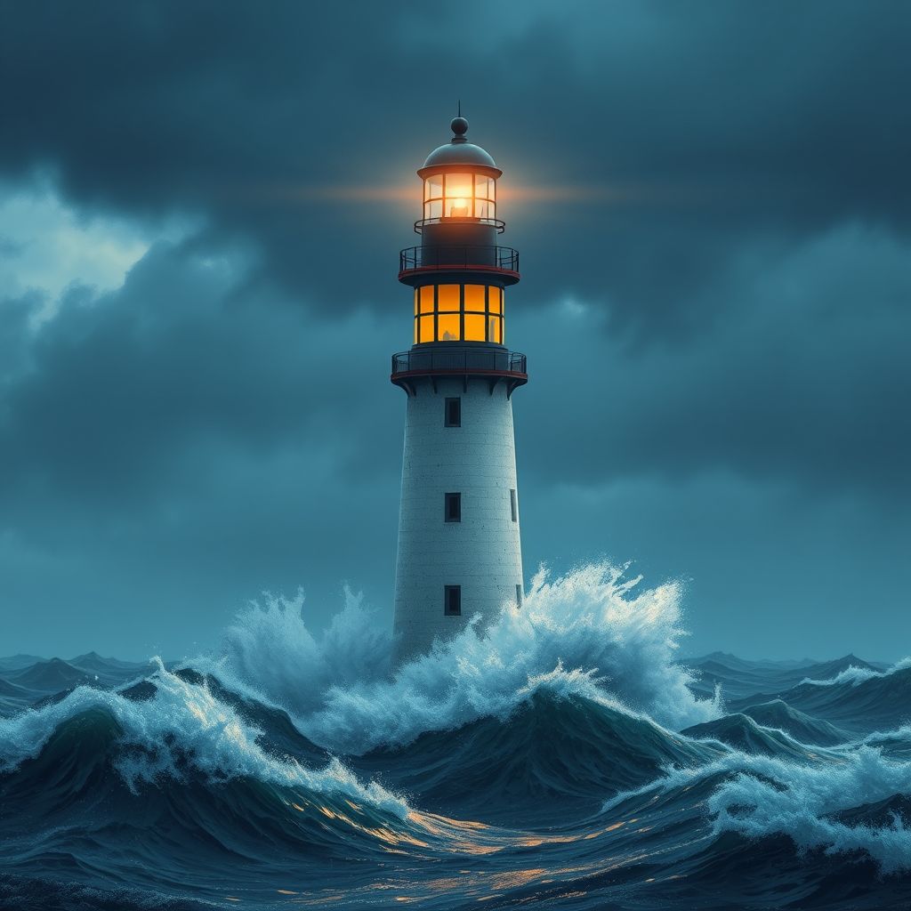 lighted lighthouse rough sea detailed by Free AI Image Generator & Maker - No login required✨ | AIGAZOU
