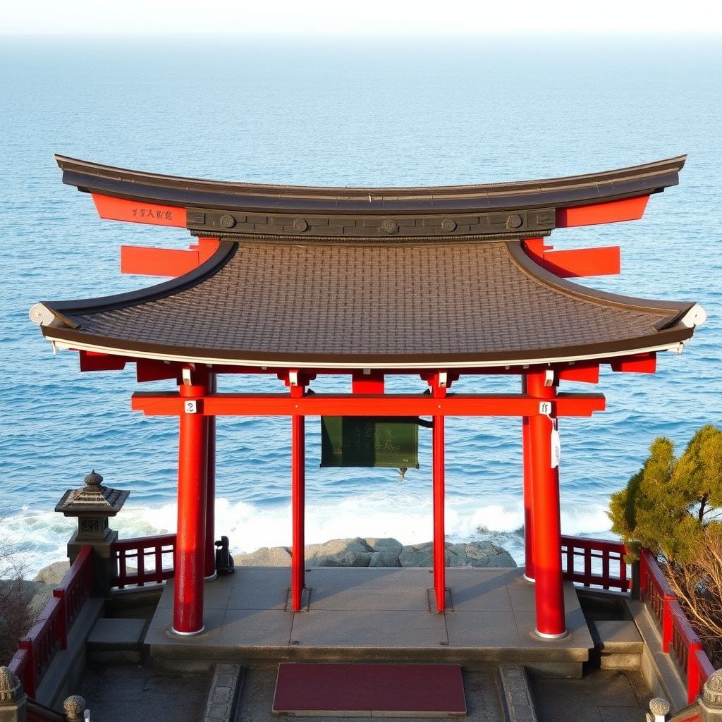 japanese shrine with ocean background by Free AI Image Generator & Maker - No login required✨ | AIGAZOU