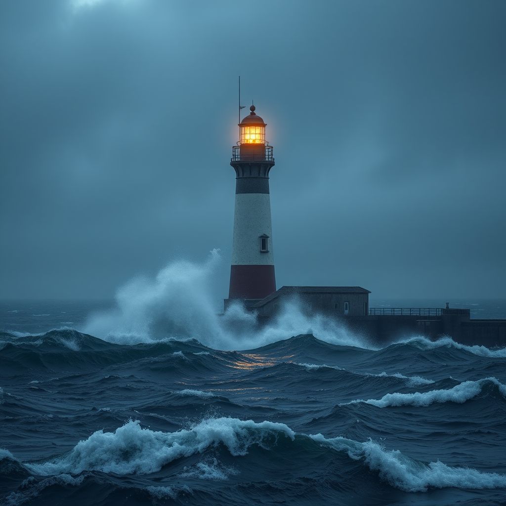 lighted lighthouse rough sea detailed by Free AI Image Generator & Maker - No login required✨ | AIGAZOU
