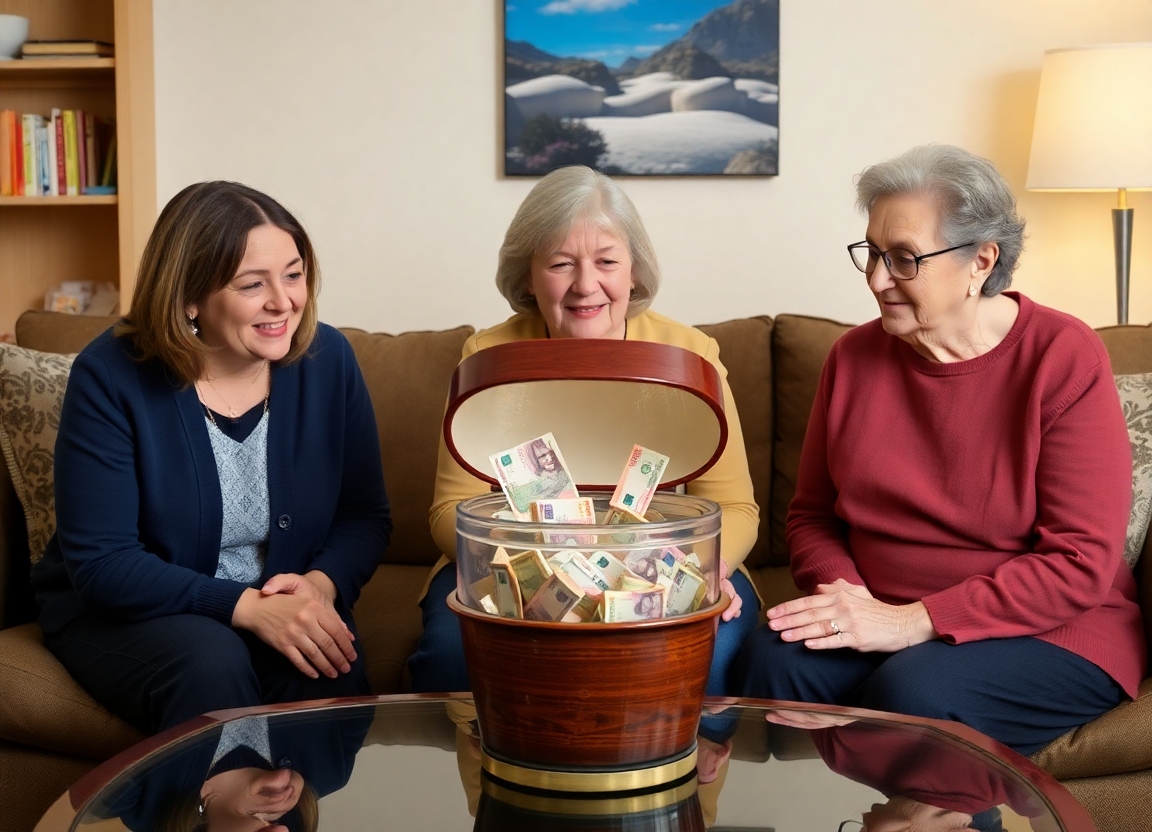 three women 20 40 70 watching money from urn by Free AI Image Generator & Maker - No login required✨ | AIGAZOU