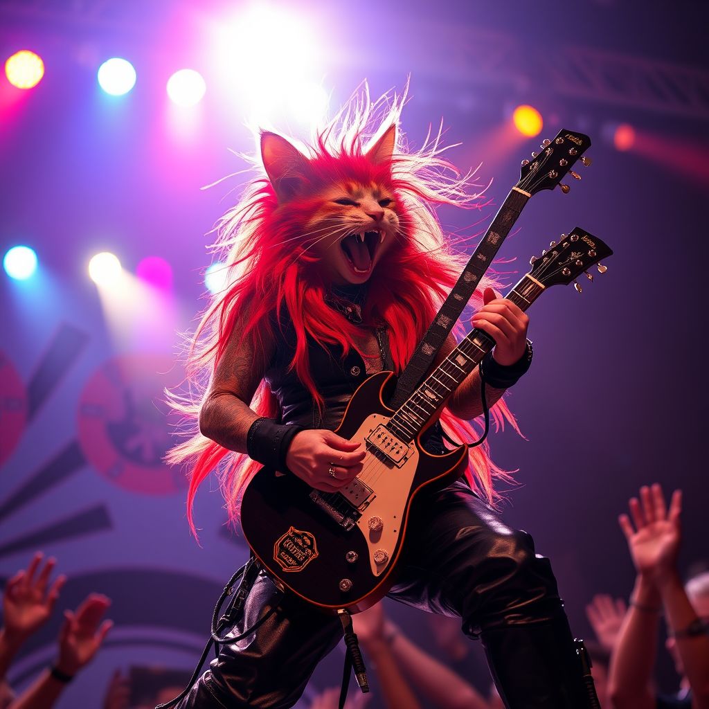 wild cat rock music guitar performance by Free AI Image Generator & Maker - No login required✨ | AIGAZOU