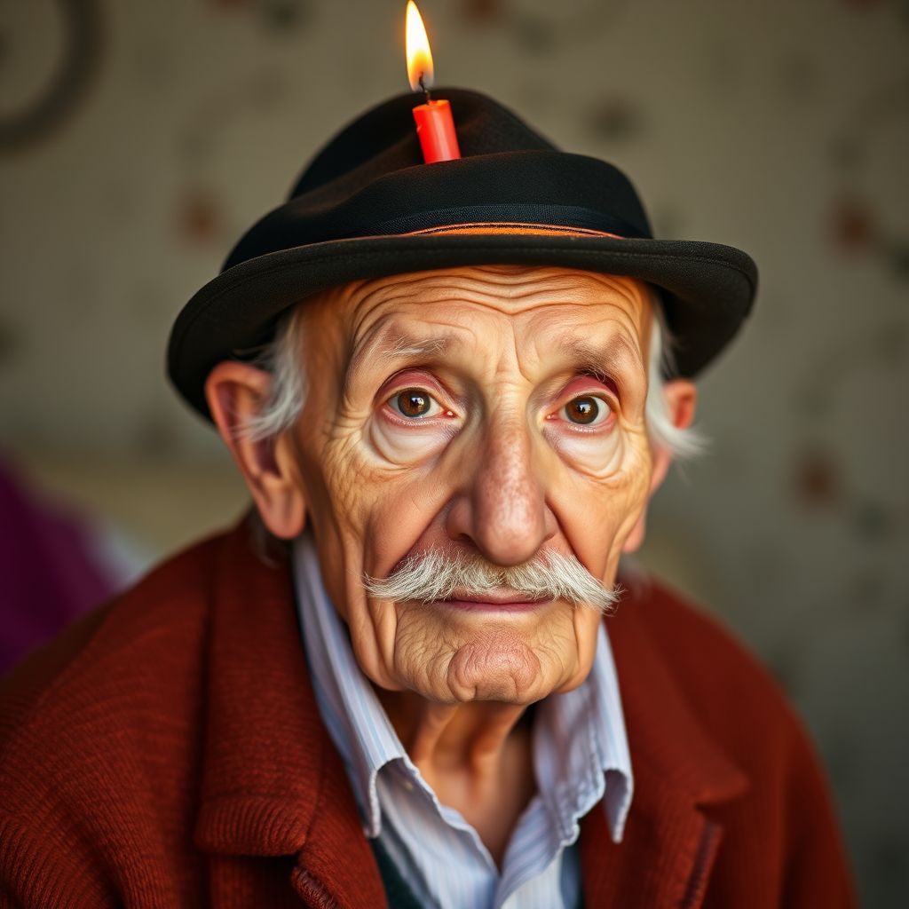 man 105 years old with candle on head by Free AI Image Generator & Maker - No login required✨ | AIGAZOU