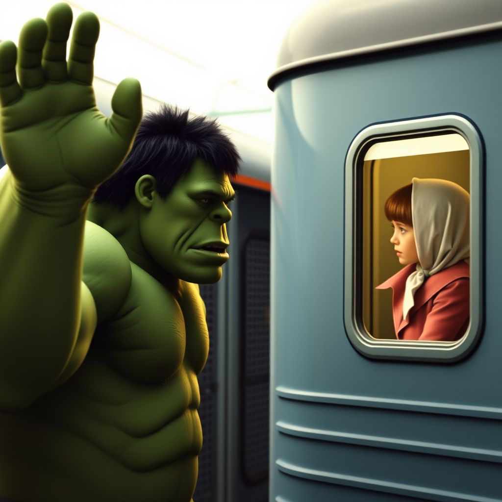 hulk crying waving handkerchief girl train by Free AI Image Generator & Maker - No login required✨ | AIGAZOU