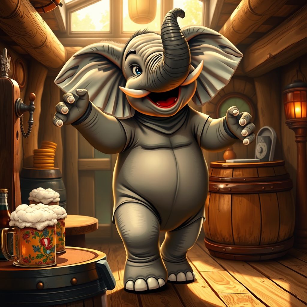 otto waalkes dancing elephant warm colors beer by Free AI Image Generator & Maker - No login required✨ | AIGAZOU