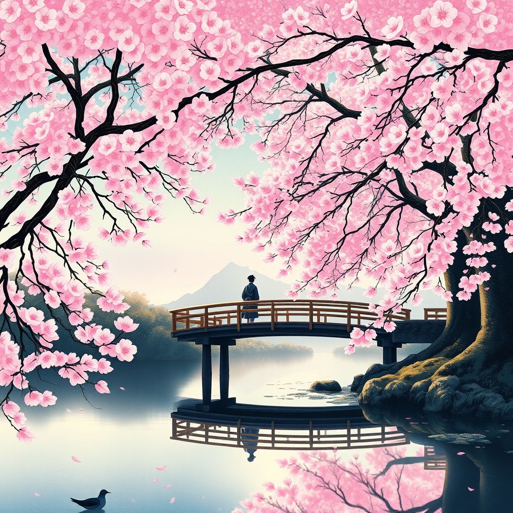 ukiyo e serene landscape cherry blossoms tranquil pond by Free AI Image Generator & Maker - No login required✨ | AIGAZOU