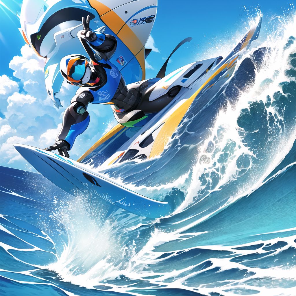 young surfer futuristic robot high waves by Free AI Image Generator & Maker - No login required✨ | AIGAZOU