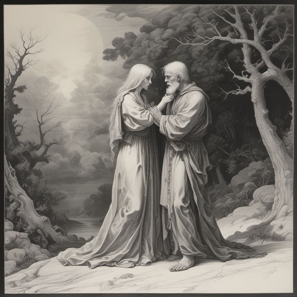 death blond girl hooded cape embracing old man by Free AI Image Generator & Maker - No login required✨ | AIGAZOU