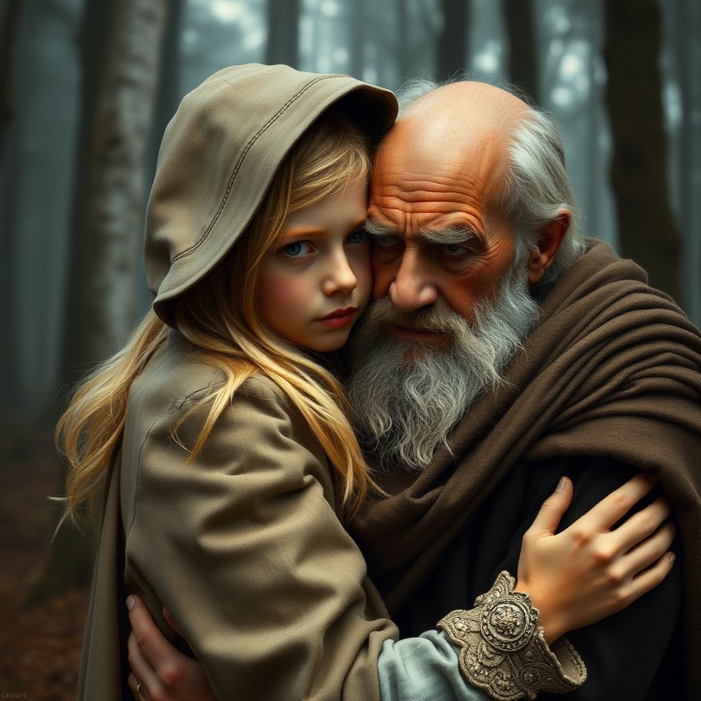 magic realism blond girl hooded cape embracing old man by Free AI Image Generator & Maker - No login required✨ | AIGAZOU