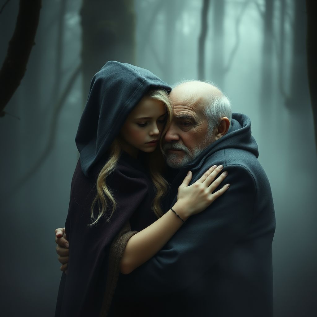 surreal blond girl hooded cape embracing old man by Free AI Image Generator & Maker - No login required✨ | AIGAZOU