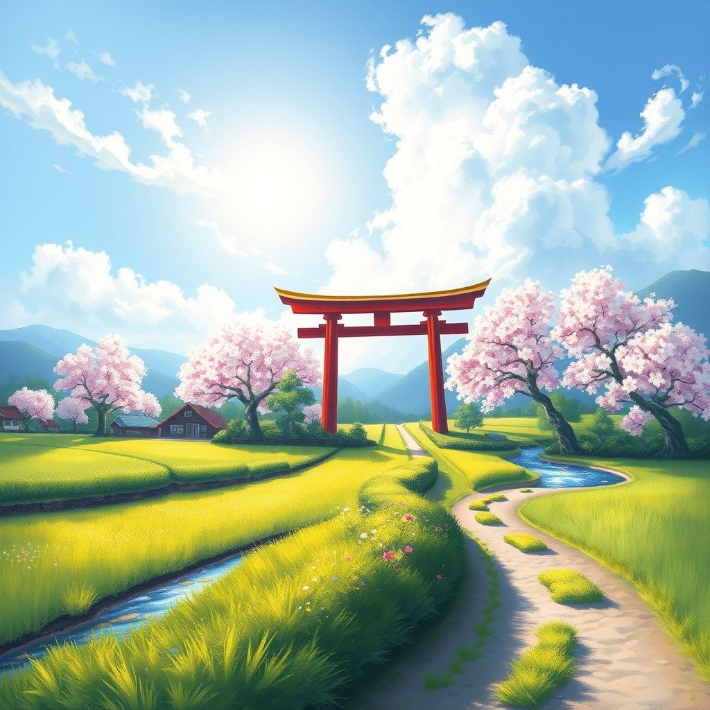 tranquil countryside village spring red torii by Free AI Image Generator & Maker - No login required✨ | AIGAZOU