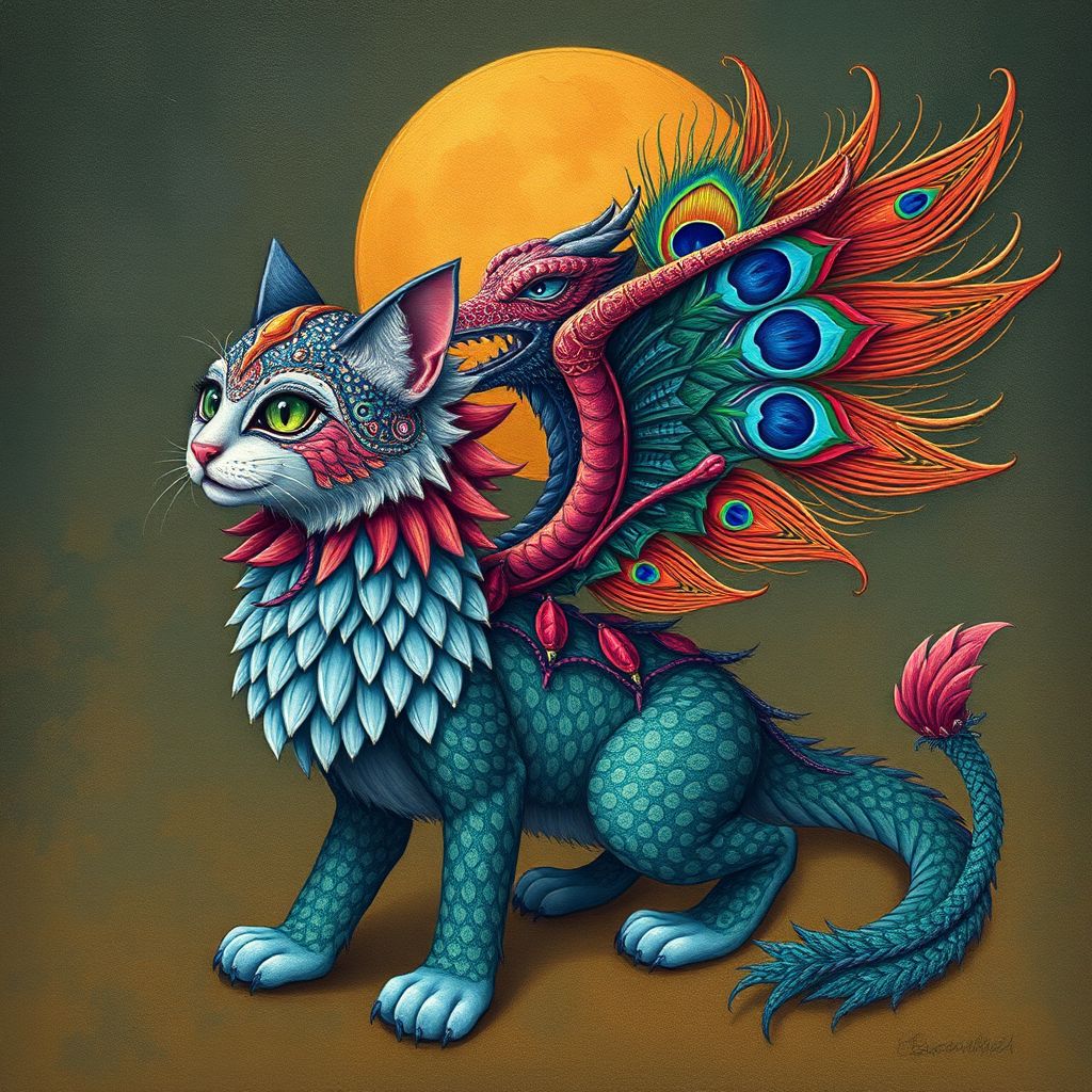 a creature of cat and dragon with peacock feathers by Free AI Image Generator & Maker - No login required✨ | AIGAZOU