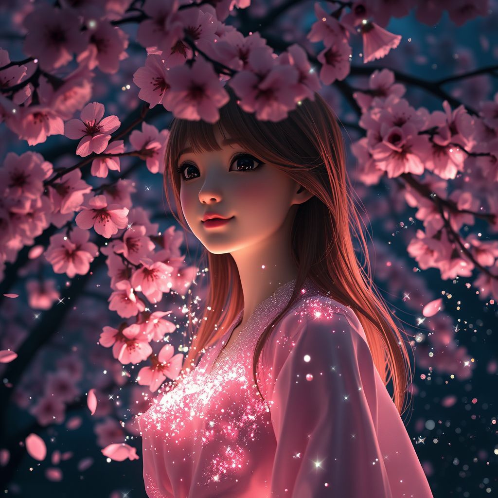 illuminated night cherry blossoms realistic details holographic girl by Free AI Image Generator & Maker - No login required✨ | AIGAZOU