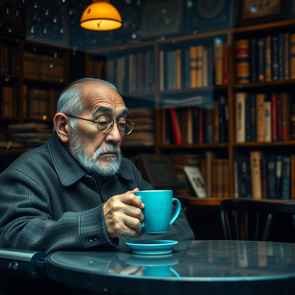 elderly japanese man enjoys coffee in rainy cafe by Free AI Image Generator & Maker - No login required✨ | AIGAZOU