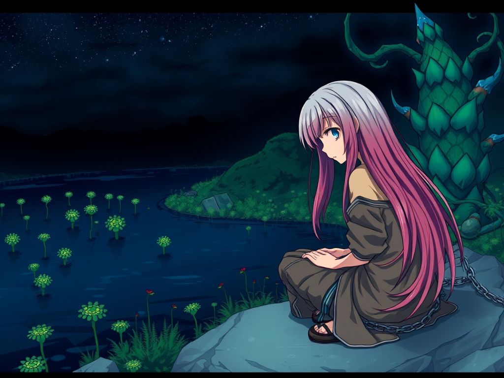 anime illustration mysterious girl long hair blue lake by Free AI Image Generator & Maker - No login required✨ | AIGAZOU