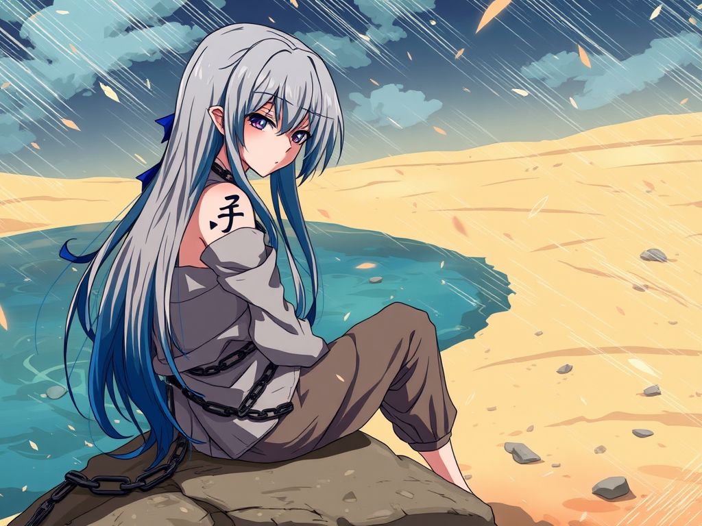 anime illustration blue haired girl chained dirty clothes by Free AI Image Generator & Maker - No login required✨ | AIGAZOU