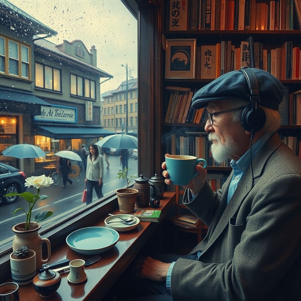 old japanese man enjoys coffee in rainy cafe by Free AI Image Generator & Maker - No login required✨ | AIGAZOU