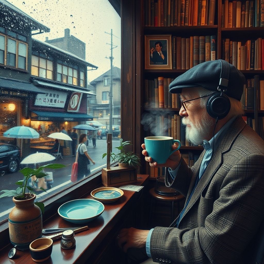 old japanese man enjoys coffee in rainy cafe by Free AI Image Generator & Maker - No login required✨ | AIGAZOU