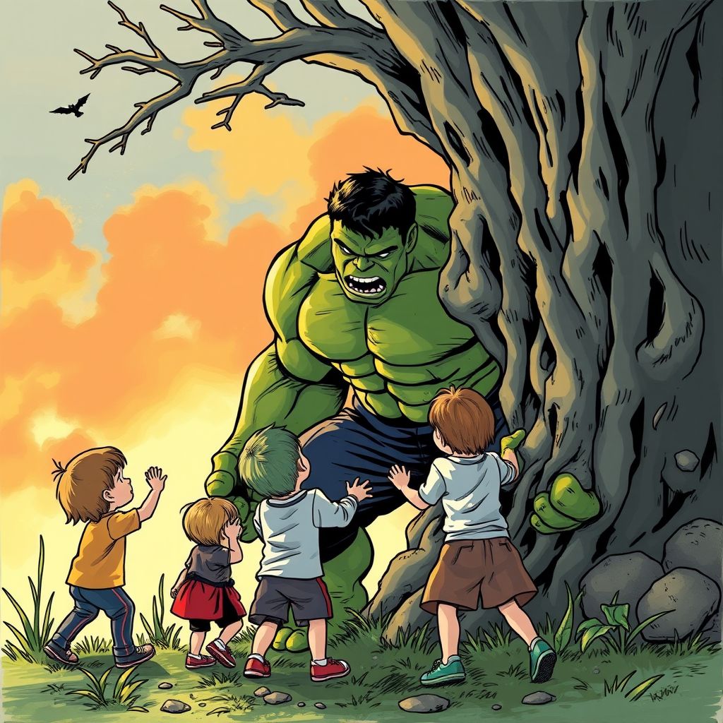 hulk playing hide seek children by Free AI Image Generator & Maker - No login required✨ | AIGAZOU