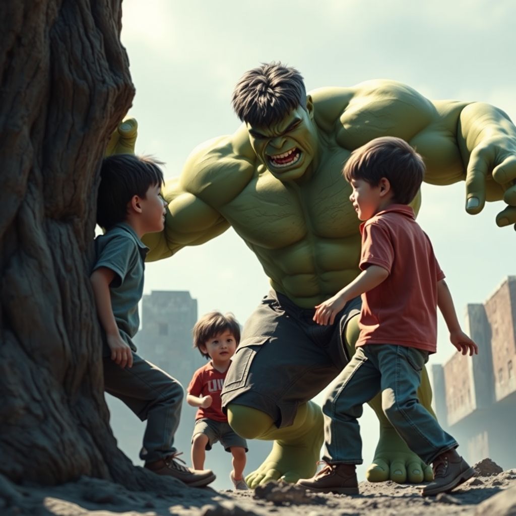 hulk playing hide seek with boys by Free AI Image Generator & Maker - No login required✨ | AIGAZOU