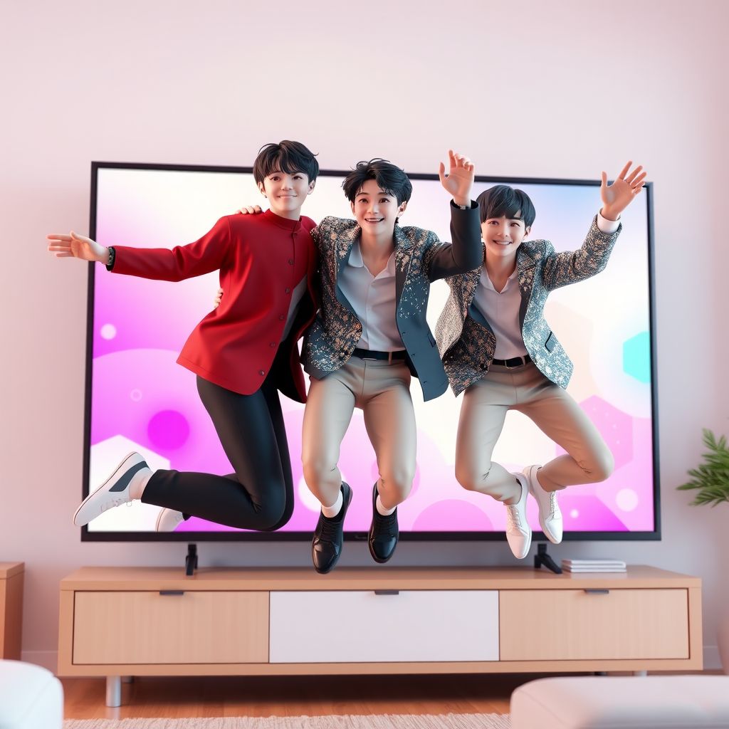 3d idols jump from tv with smiles by Free AI Image Generator & Maker - No login required✨ | AIGAZOU