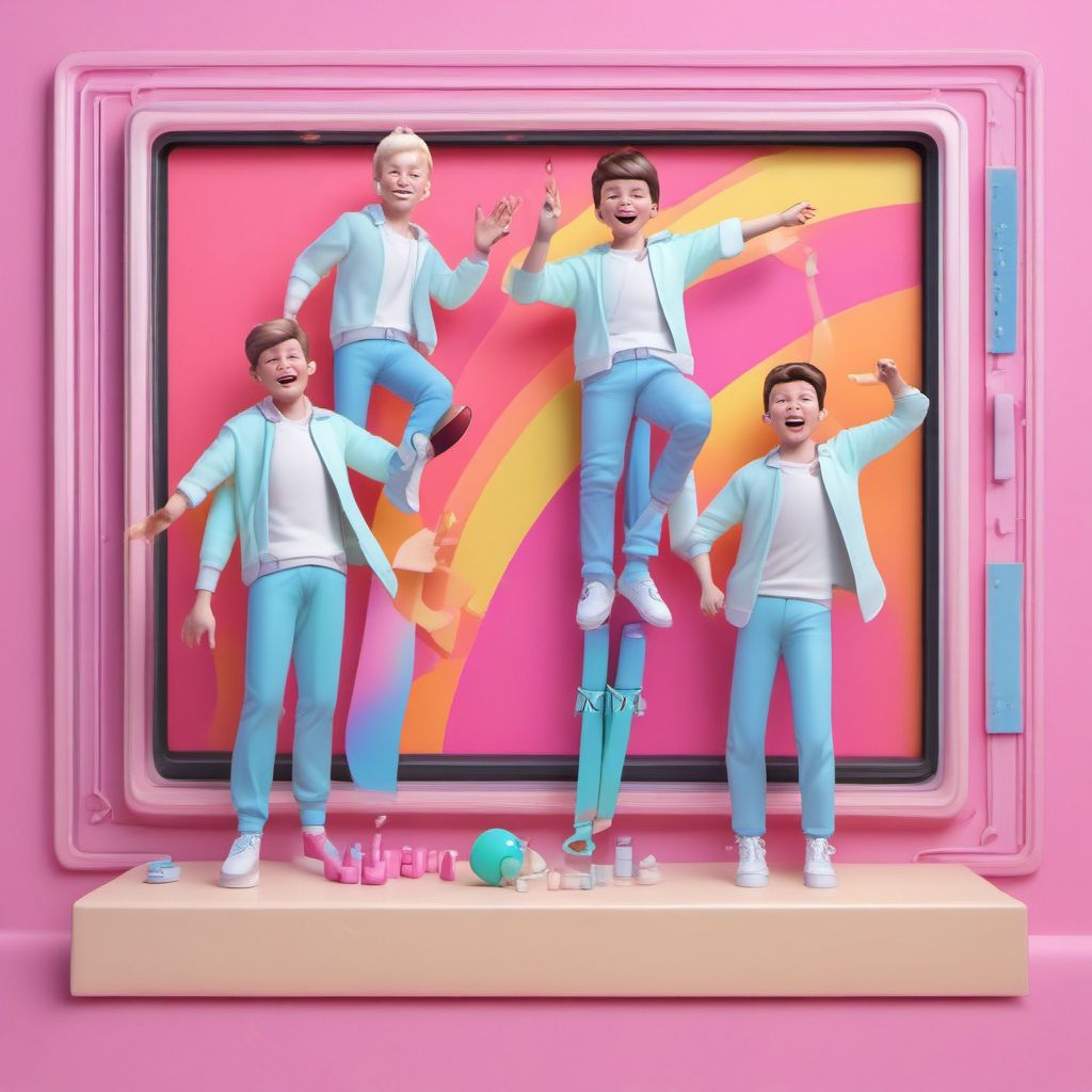 3d idol group jumps from tv with smiles by Free AI Image Generator & Maker - No login required✨ | AIGAZOU