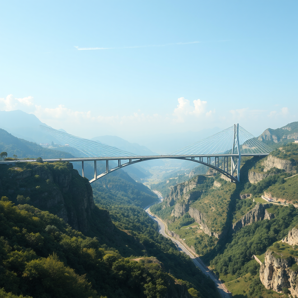 a large futuristic silver bridge spanning valley by Free AI Image Generator & Maker - No login required✨ | AIGAZOU