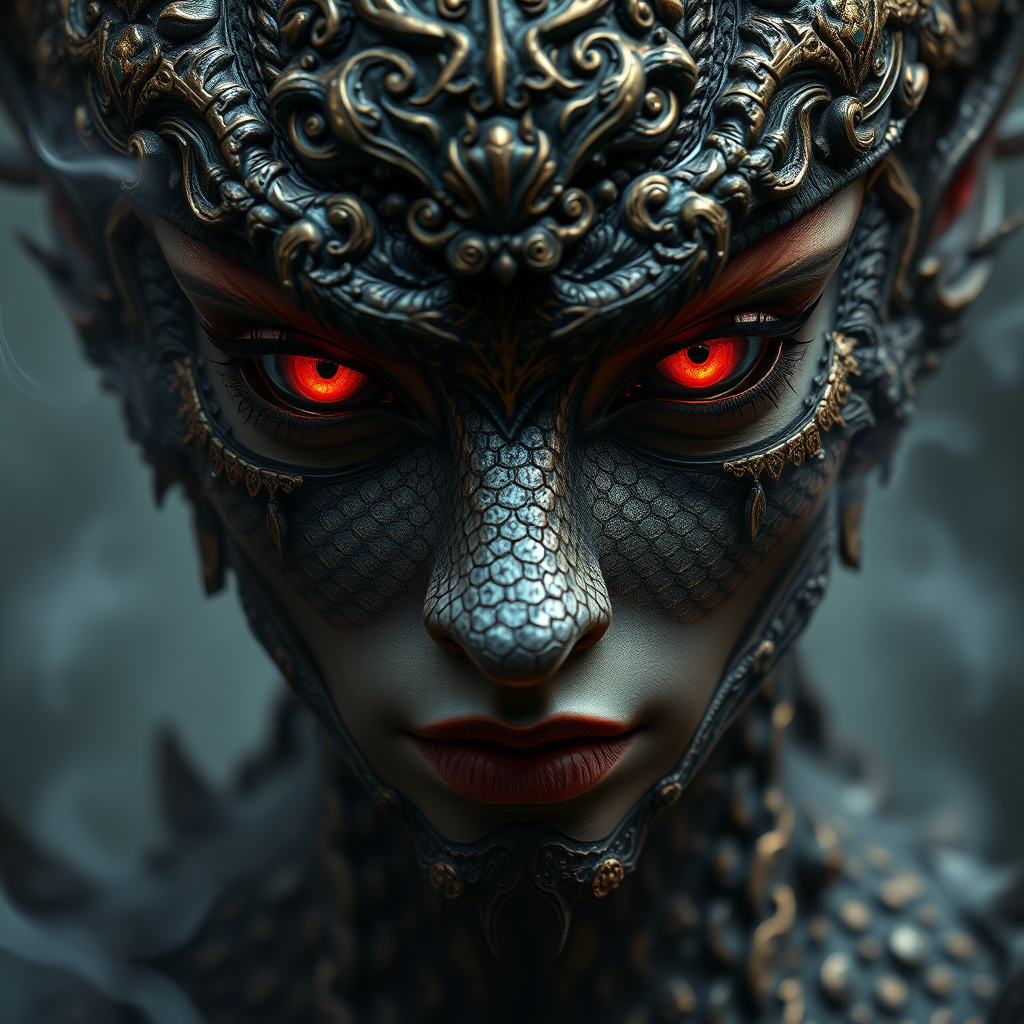 dark mystical humanoid face dragon skin red eyes by Free AI Image Generator & Maker - No login required✨ | AIGAZOU