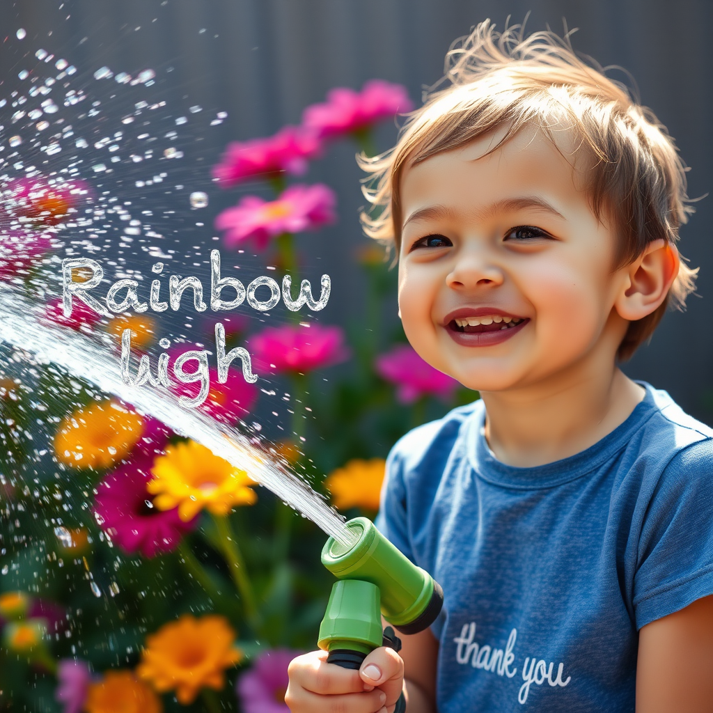 smiling child spraying water hose rainbow by Free AI Image Generator & Maker - No login required✨ | AIGAZOU
