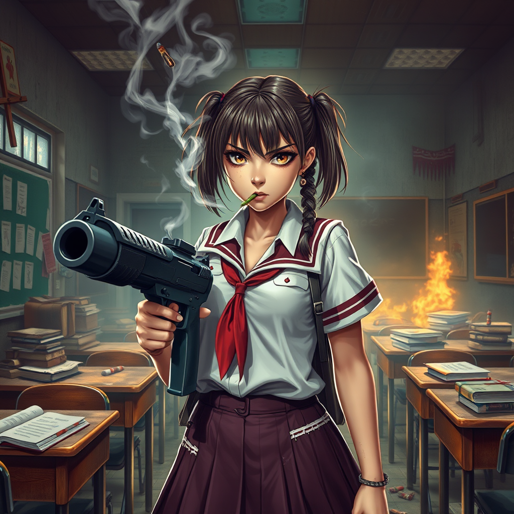 rebellious schoolgirl with bazooka chaotic classroom by Free AI Image Generator & Maker - No login required✨ | AIGAZOU