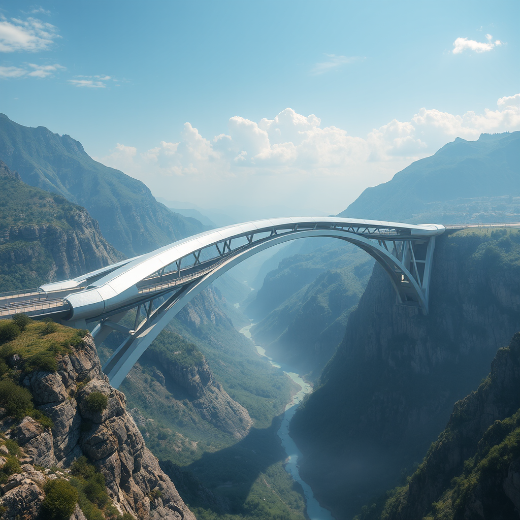 a large futuristic silver bridge spanning a valley by Free AI Image Generator & Maker - No login required✨ | AIGAZOU