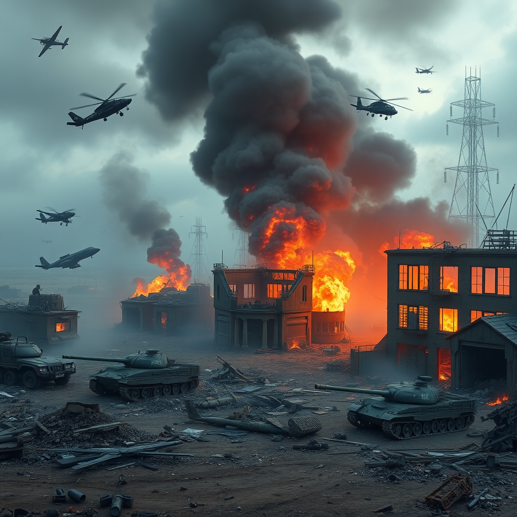 destroyed military facility smoke fire debris by Free AI Image Generator & Maker - No login required✨ | AIGAZOU