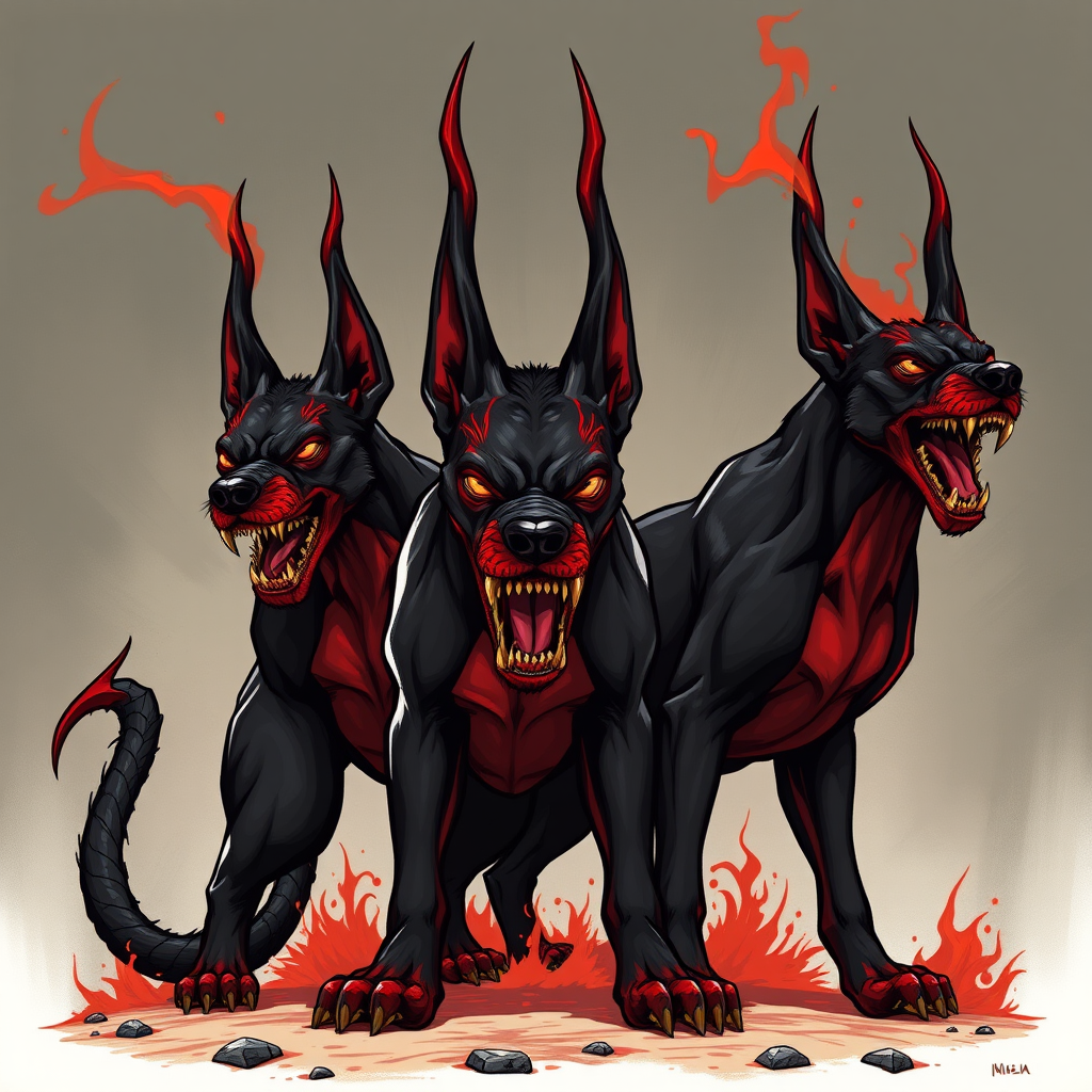 three headed hellhound black red comic by Free AI Image Generator & Maker - No login required✨ | AIGAZOU