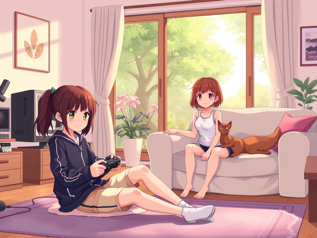 anime girls cozy living room playing relaxing by Free AI Image Generator & Maker - No login required✨ | AIGAZOU