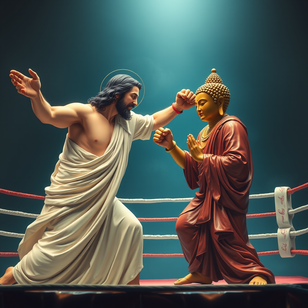 christ buddha wrestling boxing ring by Free AI Image Generator & Maker - No login required✨ | AIGAZOU