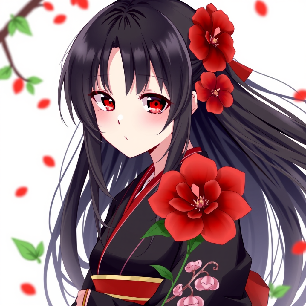 black hair long red eyes black kimono red flower immortal by Free AI Image Generator & Maker - No login required✨ | AIGAZOU