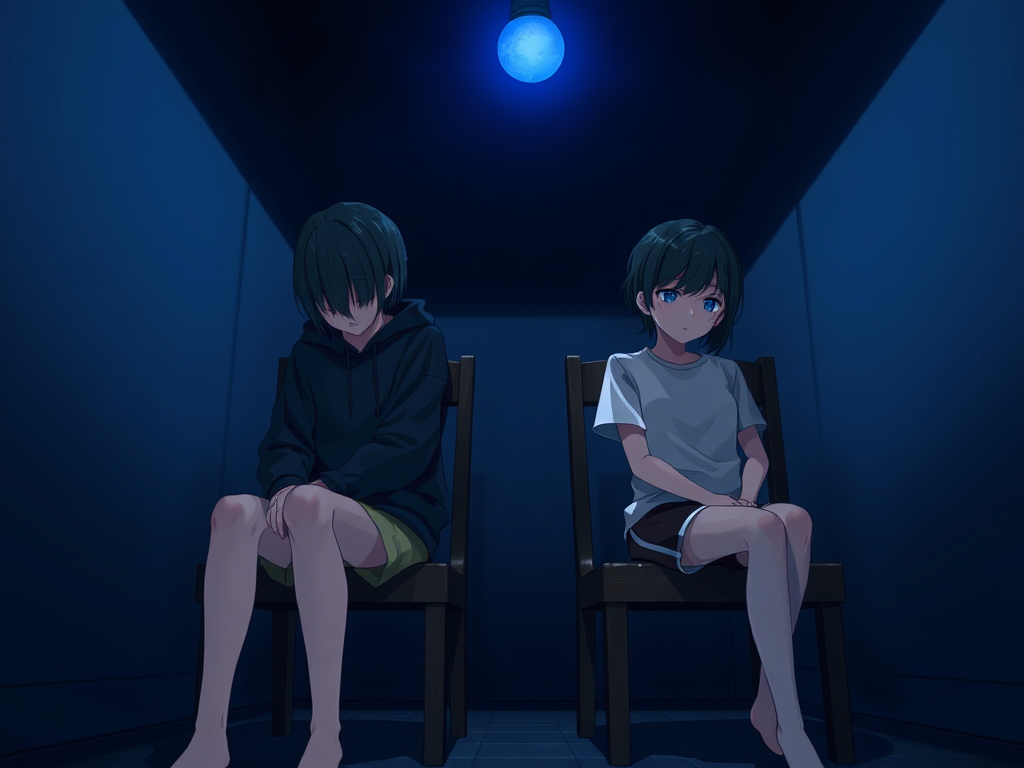 anime twin girls dim room tense by Free AI Image Generator & Maker - No login required✨ | AIGAZOU