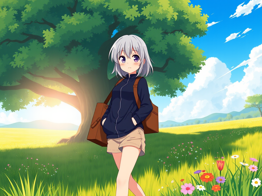 anime silver haired girl violet eyes meadow by Free AI Image Generator & Maker - No login required✨ | AIGAZOU