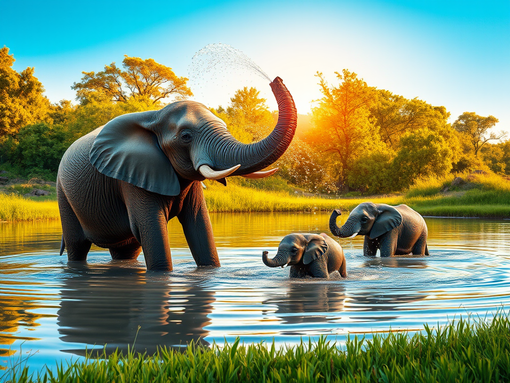 african elephant family bathing in watering hole by 免費AI圖像生成工具 AI製圖 | AIGAZOU