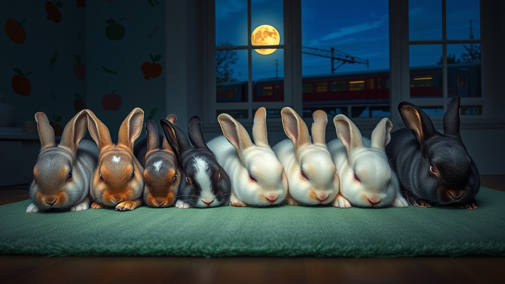 seven sleeping rabbits unique colors dim room by Free AI Image Generator & Maker - No login required✨ | AIGAZOU
