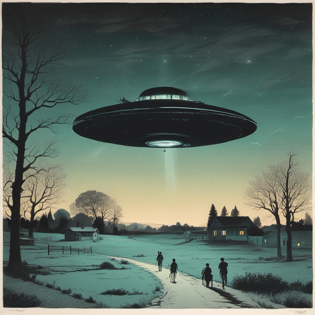 ufo hovers above rural scene at night by Free AI Image Generator & Maker - No login required✨ | AIGAZOU