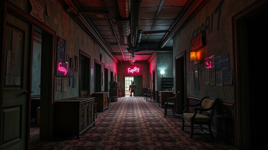 creepy dark hallway abandoned furniture flickering light by Free AI Image Generator & Maker - No login required✨ | AIGAZOU