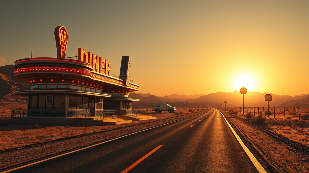 60s diner alien planet desert sun by Free AI Image Generator & Maker - No login required✨ | AIGAZOU