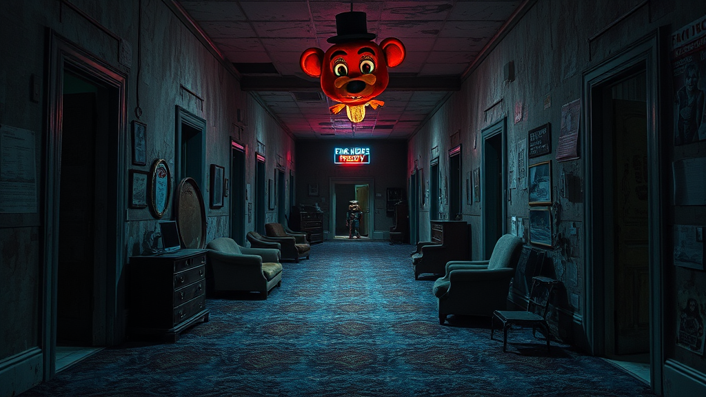creepy dark hallway abandoned furniture flickering light by Free AI Image Generator & Maker - No login required✨ | AIGAZOU