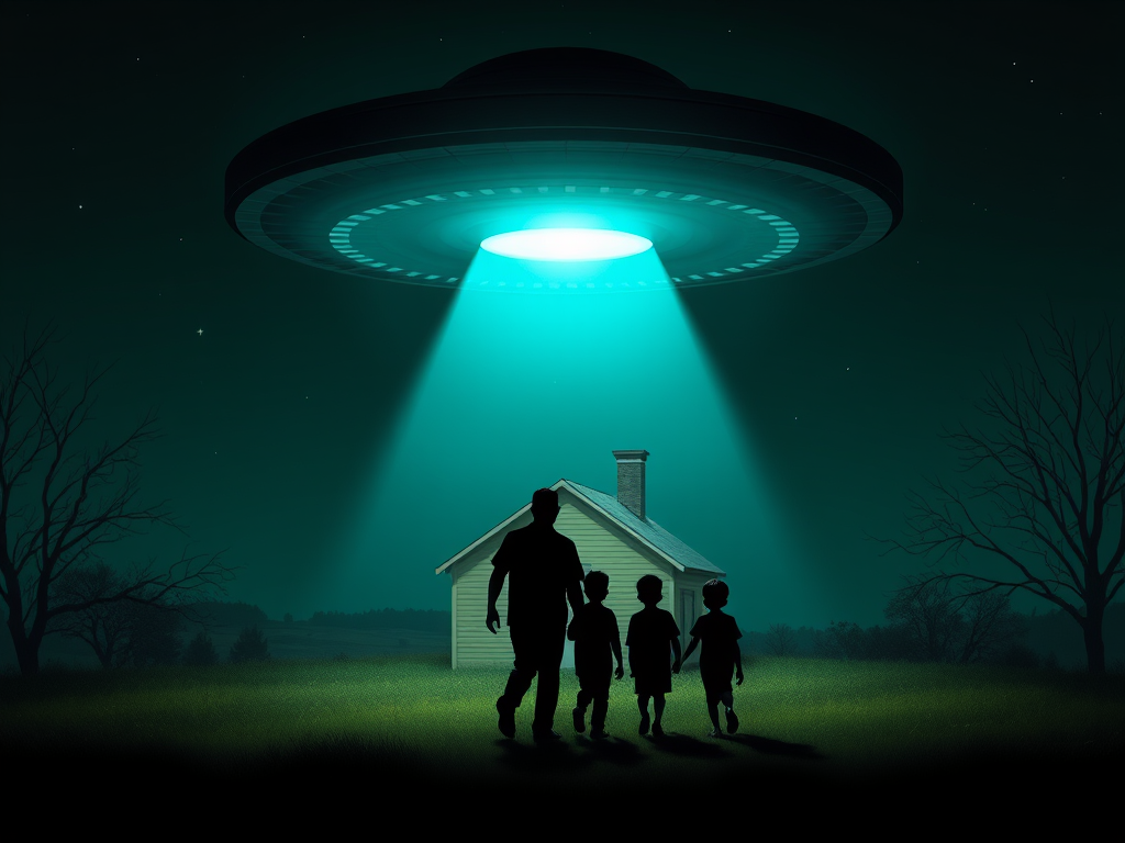 ufo hovers above rural scene at night by Free AI Image Generator & Maker - No login required✨ | AIGAZOU