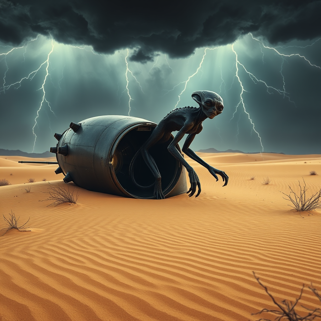 dark grey alien emerges from crashed spaceship by Free AI Image Generator & Maker - No login required✨ | AIGAZOU