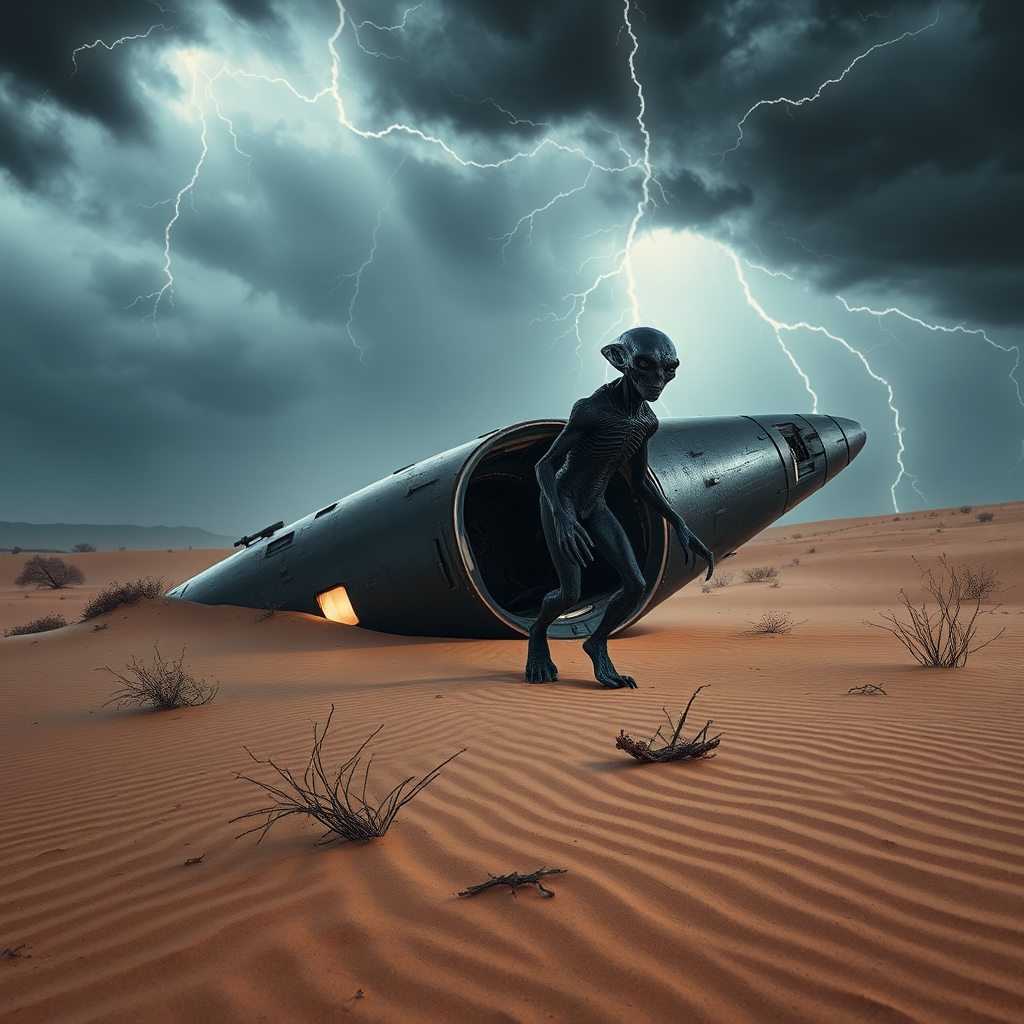 dark grey alien emerges from spaceship by Free AI Image Generator & Maker - No login required✨ | AIGAZOU