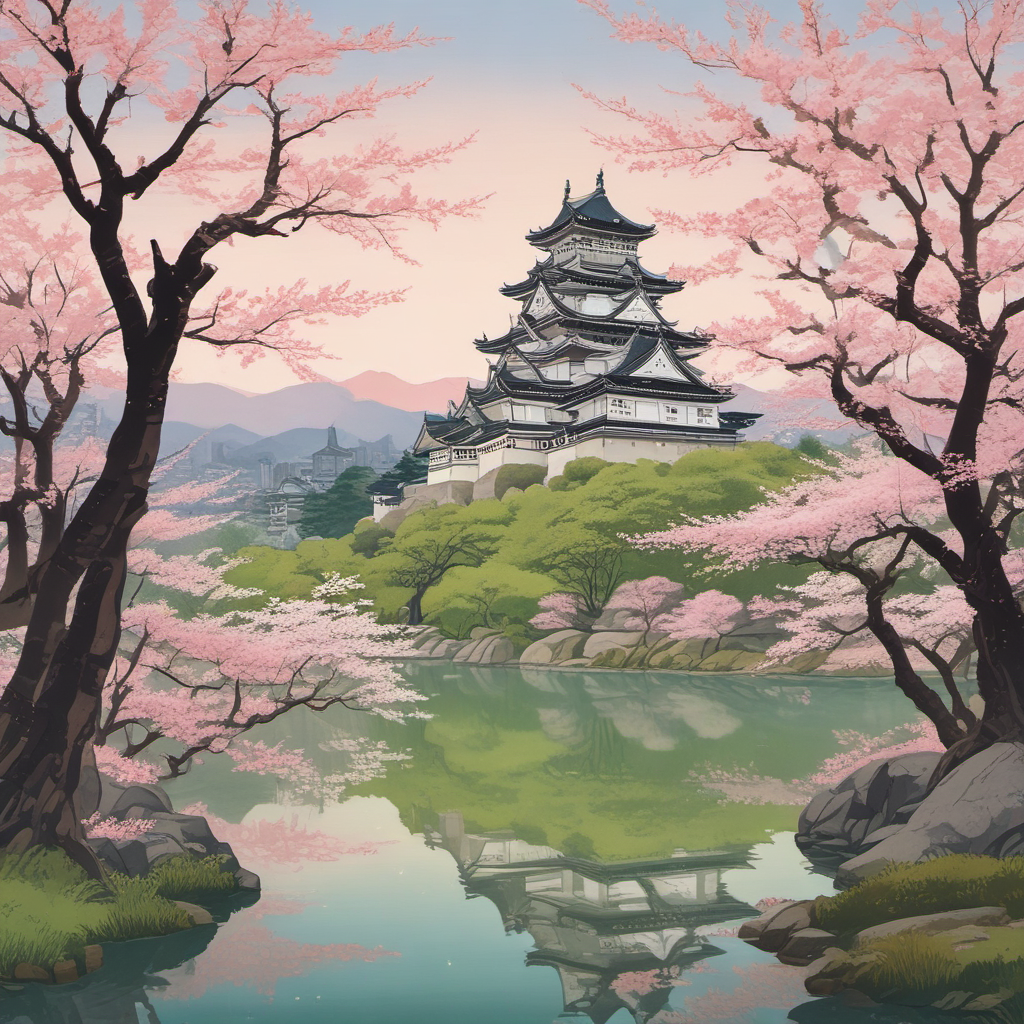ukiyo e seren landscape himeji castle cherry blossoms by Free AI Image Generator & Maker - No login required✨ | AIGAZOU