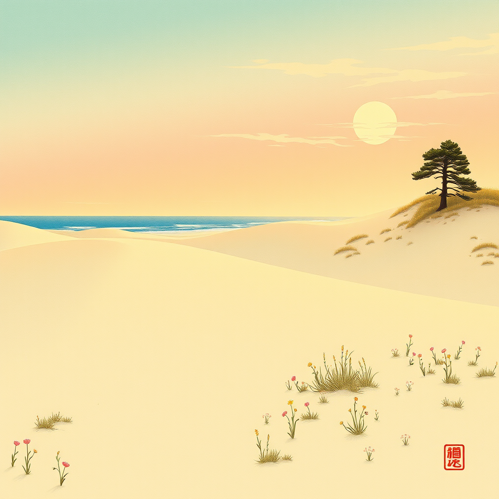 ukiyo e sand dune landscape golden sunlight by Free AI Image Generator & Maker - No login required✨ | AIGAZOU